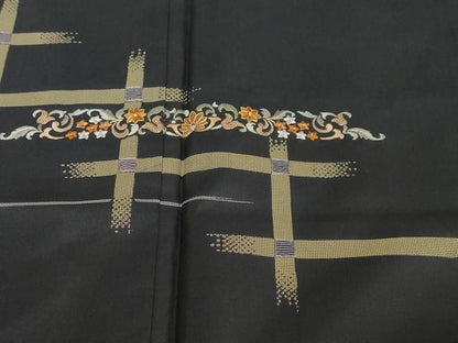 平和屋着物●本場縞大島紬　訪問着　総刺繍　9マルキ　横段草花文　金糸　正絹　逸品　DABI2850ud