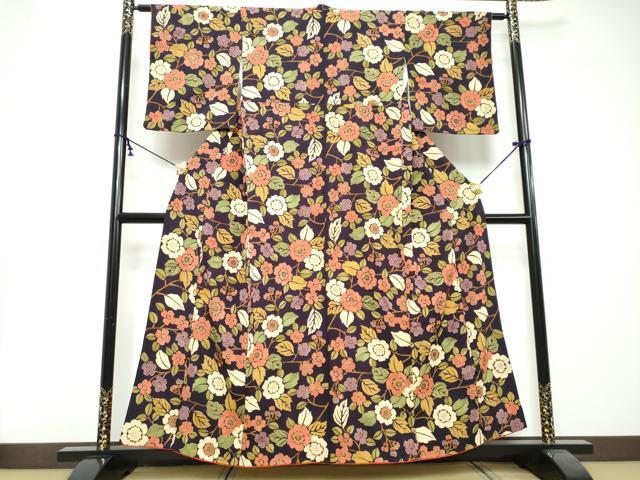 平和屋着物●上質な小紋　草花文　金彩　鬼しぼ縮緬　正絹　逸品　DABI2858ud
