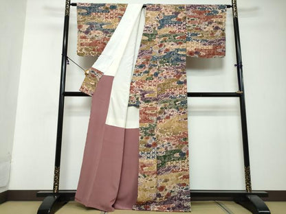 平和屋着物●上質な小紋　型染め　草木染　流水風景草花文　鬼しぼ縮緬　正絹　逸品　DABI2862ud