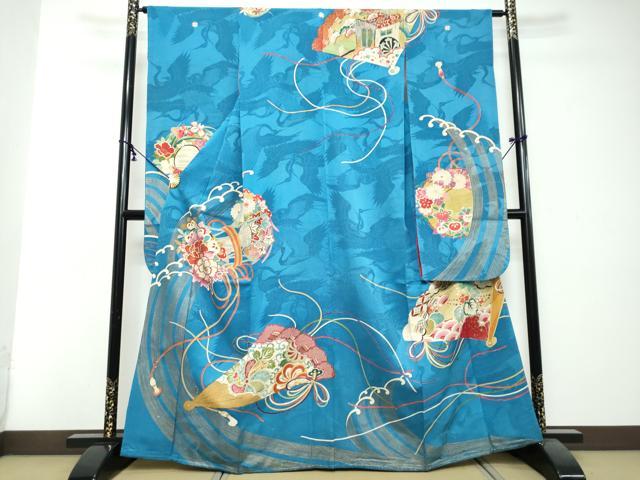 平和屋本店●アンティーク　大正ロマン　振袖　扇面草花文　金彩　正絹　逸品　DABI2867ud