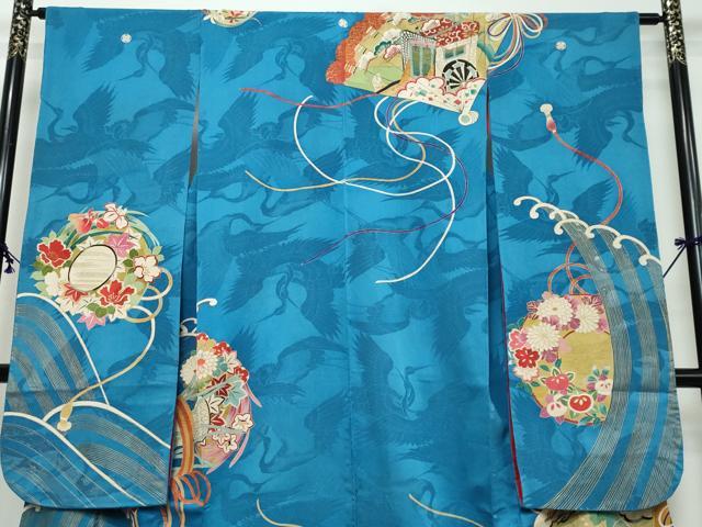 平和屋本店●アンティーク　大正ロマン　振袖　扇面草花文　金彩　正絹　逸品　DABI2867ud