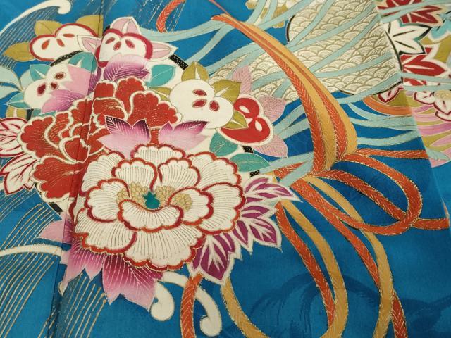 平和屋本店●アンティーク　大正ロマン　振袖　扇面草花文　金彩　正絹　逸品　DABI2867ud