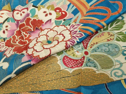 平和屋本店●アンティーク　大正ロマン　振袖　扇面草花文　金彩　正絹　逸品　DABI2867ud