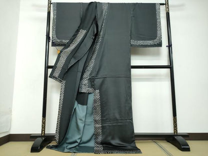 平和屋着物●訪問着　作家物　変わり格子文　黒地　仮絵羽　正絹　逸品　未使用　DABI2869ud