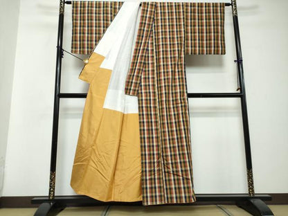 平和屋着物●上質な紬　変わり格子文　正絹　逸品　未使用　DABI2882ud