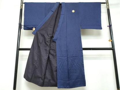 平和屋着物●男性　色紋付　市松文様　鉄紺色　正絹　逸品　DABI2883ud