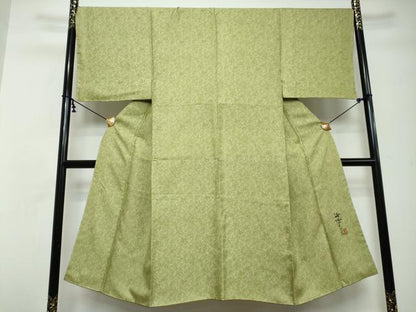 平和屋着物●男性　洛楽人工房　お召　桐竹鳳凰　若苗色　正絹　逸品　未使用　DABI2888ud