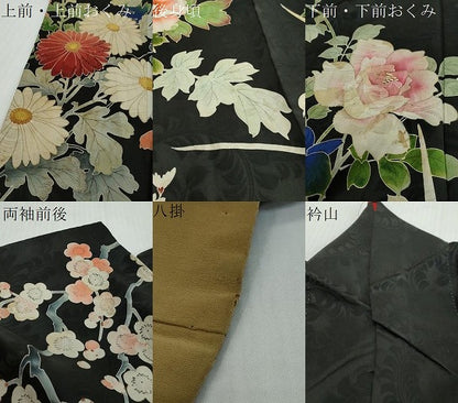 平和屋着物●アンティーク 大正ロマン 中国三大刺繍 相良刺繍 訪問着 お引き摺り 草花文 黒地 金彩 ロング丈 正絹 逸品 DABI2890ud