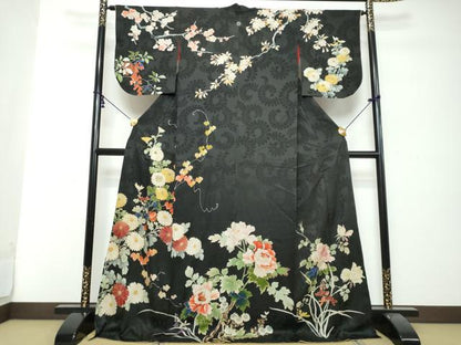 平和屋着物●アンティーク 大正ロマン 中国三大刺繍 相良刺繍 訪問着 お引き摺り 草花文 黒地 金彩 ロング丈 正絹 逸品 DABI2890ud