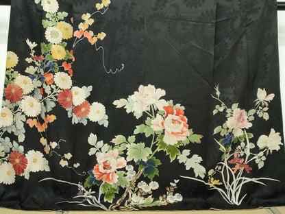 平和屋着物●アンティーク 大正ロマン 中国三大刺繍 相良刺繍 訪問着 お引き摺り 草花文 黒地 金彩 ロング丈 正絹 逸品 DABI2890ud