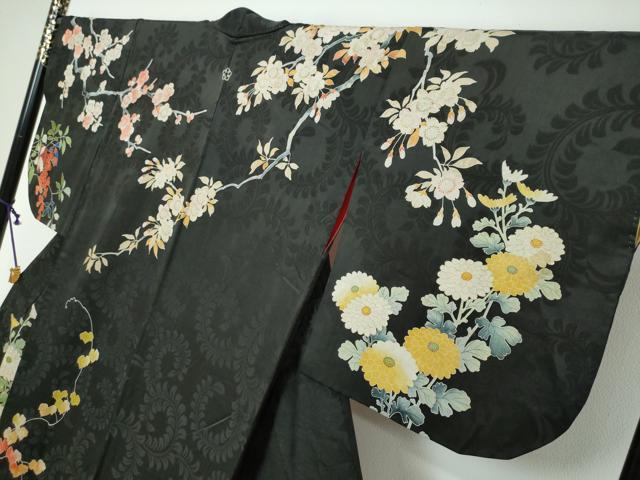 平和屋着物●アンティーク 大正ロマン 中国三大刺繍 相良刺繍 訪問着 お引き摺り 草花文 黒地 金彩 ロング丈 正絹 逸品 DABI2890ud
