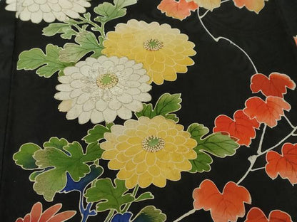 平和屋着物●アンティーク 大正ロマン 中国三大刺繍 相良刺繍 訪問着 お引き摺り 草花文 黒地 金彩 ロング丈 正絹 逸品 DABI2890ud