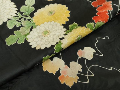 平和屋着物●アンティーク 大正ロマン 中国三大刺繍 相良刺繍 訪問着 お引き摺り 草花文 黒地 金彩 ロング丈 正絹 逸品 DABI2890ud