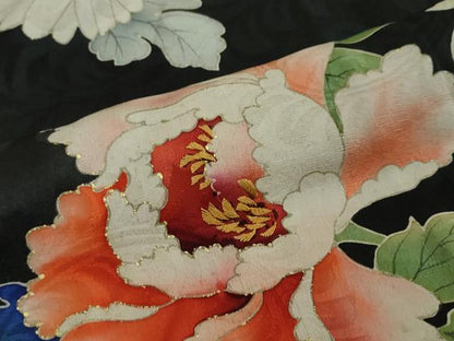 平和屋着物●アンティーク 大正ロマン 中国三大刺繍 相良刺繍 訪問着 お引き摺り 草花文 黒地 金彩 ロング丈 正絹 逸品 DABI2890ud