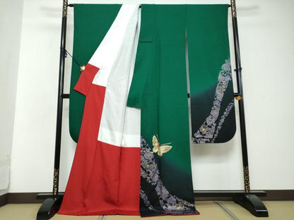 平和屋着物●豪華振袖　花蝶文　暈し染め　金彩　正絹　逸品　DABI2902ud