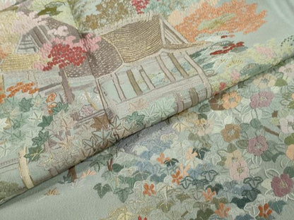 平和屋着物●豪華色留袖　総刺繍　風景草花文　金糸　正絹　逸品　DABI2910ud