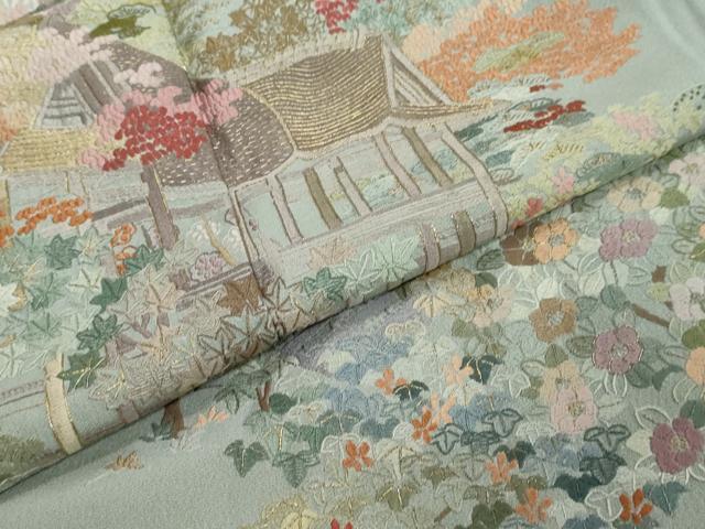 平和屋着物●豪華色留袖　総刺繍　風景草花文　金糸　正絹　逸品　DABI2910ud