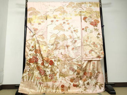 平和屋着物●豪華振袖　駒刺繍　草花文　金彩　正絹　逸品　DABI2934ud