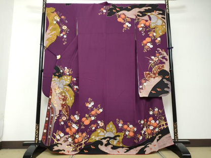 平和屋着物●豪華振袖　駒刺繍　草花文　金彩　正絹　逸品　DABI2935ud