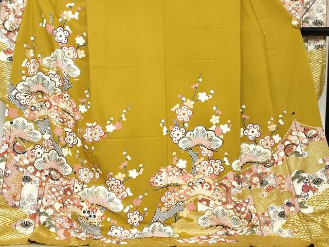 平和屋着物●豪華振袖　駒刺繍　扇面吉祥草花文　金彩　正絹　逸品　DABI2936ud