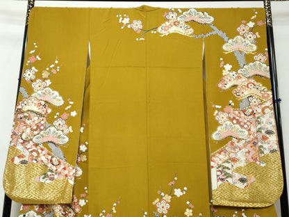 平和屋着物●豪華振袖　駒刺繍　扇面吉祥草花文　金彩　正絹　逸品　DABI2936ud