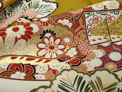 平和屋着物●豪華振袖　駒刺繍　扇面吉祥草花文　金彩　正絹　逸品　DABI2936ud