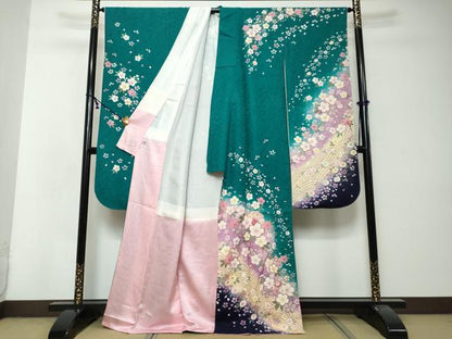 平和屋着物●豪華振袖　手毬草花文　暈し染め　金彩　金通し地　正絹　逸品　DABI2941ud