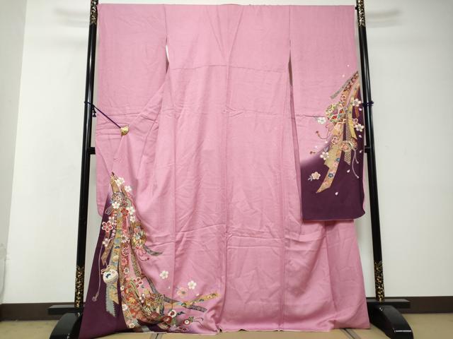 平和屋着物●豪華振袖　御所車熨斗草花文　金彩　京都きもの友禅扱い　正絹　逸品　DABI2943ud