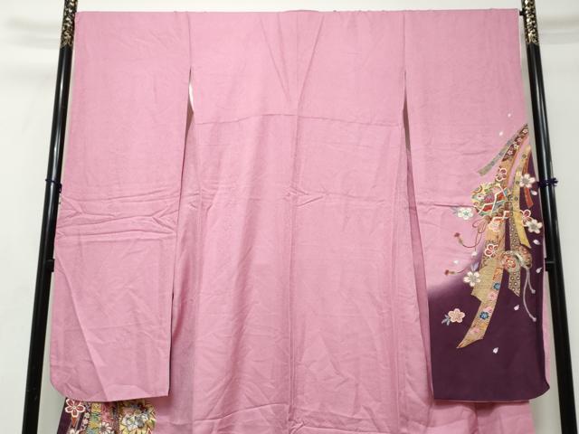 平和屋着物●豪華振袖　御所車熨斗草花文　金彩　京都きもの友禅扱い　正絹　逸品　DABI2943ud