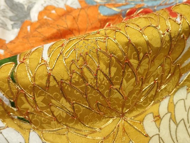 平和屋着物●豪華振袖　駒刺繍　草花文　金彩　正絹　逸品　DABI2944ud