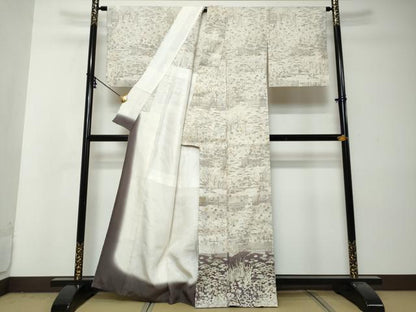 平和屋着物●染織の名門　しょうざん  生紬　訪問着　背抜き仕立て　風景草花文　正絹　逸品　DABI2945ud