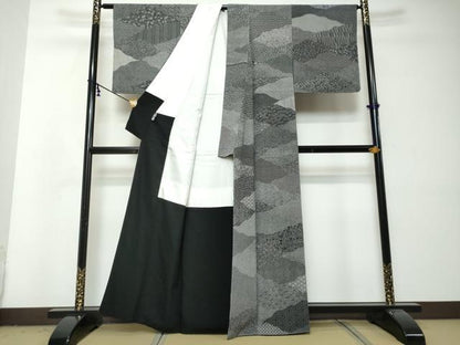 平和屋着物●伝統工芸師　服部光擴　江戸小紋　百柄　黒地　正絹　逸品　DABI2966ud