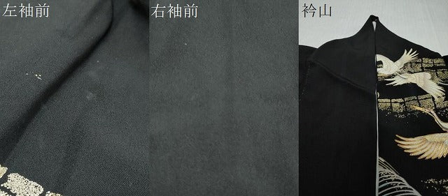 平和屋着物●訪問着　駒刺繍　群鶴草花文　黒地　金彩　正絹　逸品　DABI2969ud