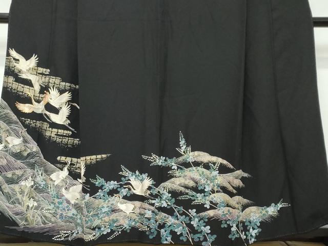 平和屋着物●訪問着　駒刺繍　群鶴草花文　黒地　金彩　正絹　逸品　DABI2969ud