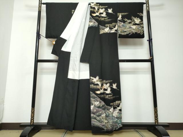平和屋着物●訪問着　駒刺繍　群鶴草花文　黒地　金彩　正絹　逸品　DABI2969ud