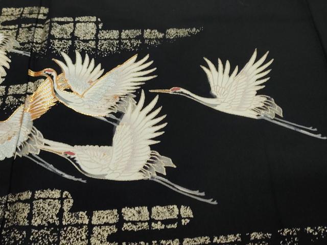 平和屋着物●訪問着　駒刺繍　群鶴草花文　黒地　金彩　正絹　逸品　DABI2969ud