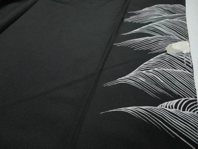 平和屋着物●訪問着　駒刺繍　群鶴草花文　黒地　金彩　正絹　逸品　DABI2969ud
