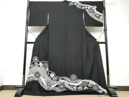 平和屋着物●訪問着　総絞り　道長草花文　黒地　ロング丈　正絹　逸品　DABI2975ud