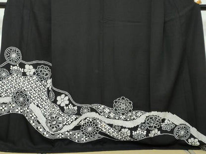 平和屋着物●訪問着　総絞り　道長草花文　黒地　ロング丈　正絹　逸品　DABI2975ud