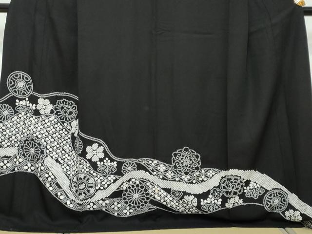 平和屋着物●訪問着　総絞り　道長草花文　黒地　ロング丈　正絹　逸品　DABI2975ud