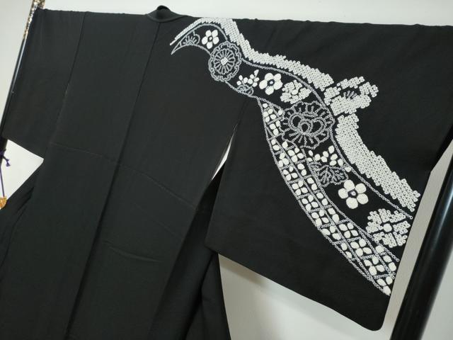 平和屋着物●訪問着　総絞り　道長草花文　黒地　ロング丈　正絹　逸品　DABI2975ud