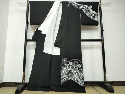 平和屋着物●訪問着　総絞り　道長草花文　黒地　ロング丈　正絹　逸品　DABI2975ud