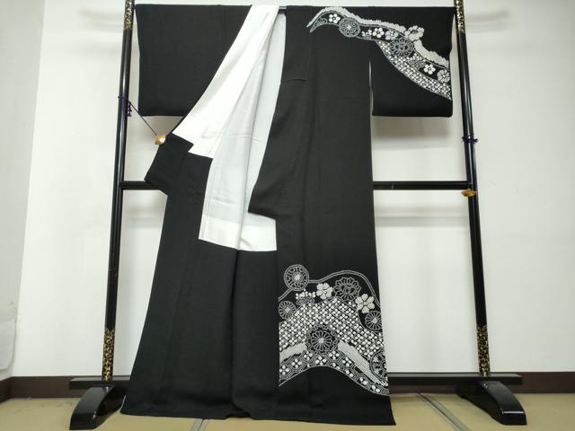 平和屋着物●訪問着　総絞り　道長草花文　黒地　ロング丈　正絹　逸品　DABI2975ud