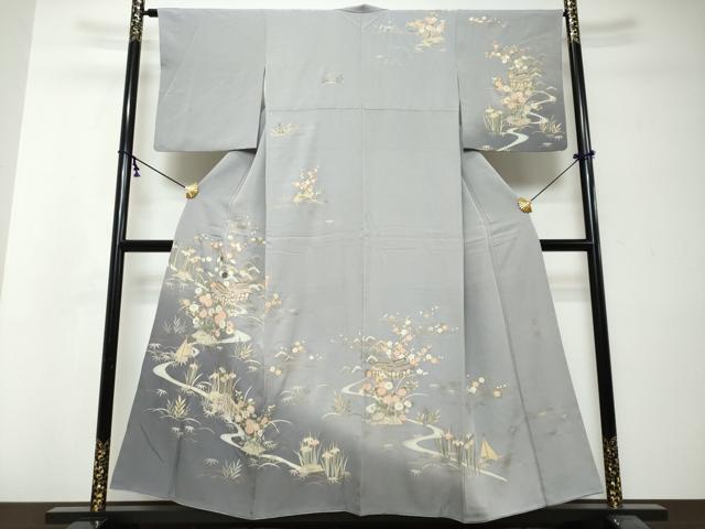 平和屋着物●訪問着　螺鈿　作家物　流水風景草花文　暈し染め　金彩　正絹　逸品　DABI2976ud