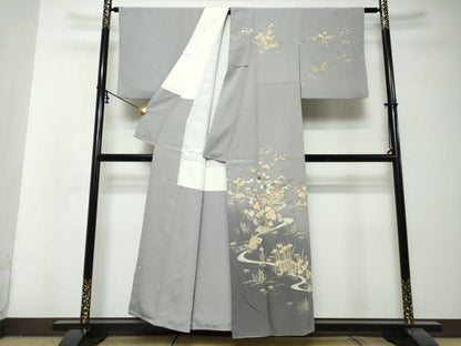 平和屋着物●訪問着　螺鈿　作家物　流水風景草花文　暈し染め　金彩　正絹　逸品　DABI2976ud