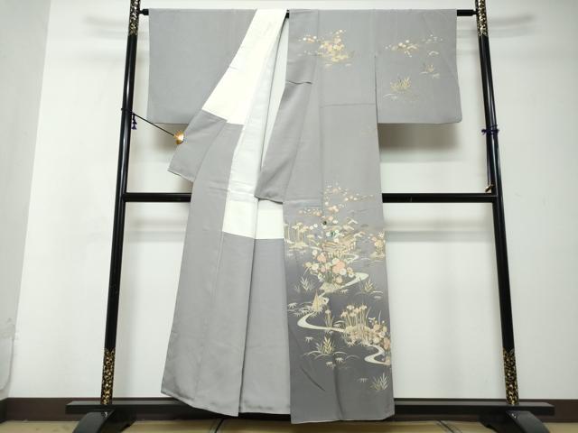 平和屋着物●訪問着　螺鈿　作家物　流水風景草花文　暈し染め　金彩　正絹　逸品　DABI2976ud