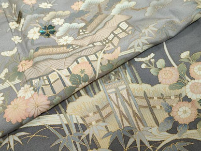 平和屋着物●訪問着　螺鈿　作家物　流水風景草花文　暈し染め　金彩　正絹　逸品　DABI2976ud