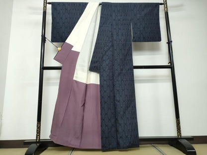 平和屋着物●結城紬　80亀甲　網目文様　正絹　逸品　DABI2992ud