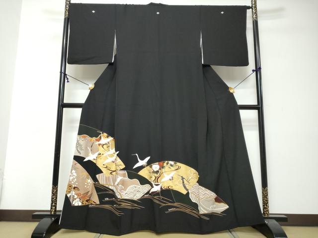 平和屋着物●豪華黒留袖　駒刺繍　地紙飛鶴花文　金彩　正絹　逸品　DABI2998ud