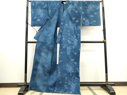 平和屋着物∴夏物　浴衣　重要無形文化財長板染　染師木根清一　草花文　反端付き　綿　逸品　DABI3007cd